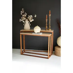 Set Of Two Travertine Console Tables With Wood Bases
