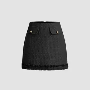 Cider [2 colors, size 0-10] Tweed High Waist Solid Tassel Button Mini Skirt