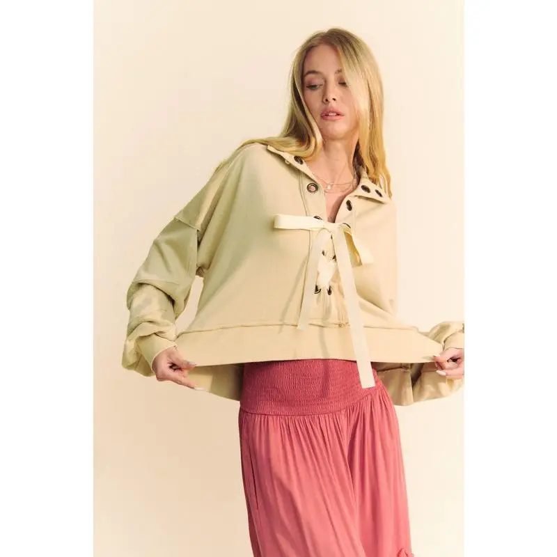 Davi & Dani Lace Up Exposed Seam French Terry Top