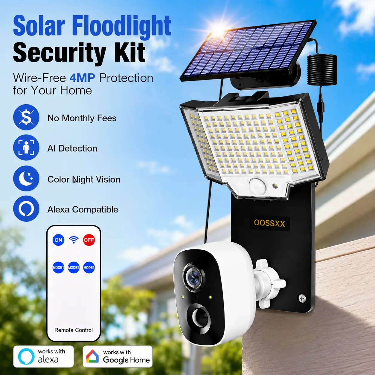 OOSSXX Solar Floodlight Security Camera Kit, 4MP Wireless Outdoor System with AI Human & Vehicle Detection, Color Night Vision, Solar Panel, Compatible with Alexa & Google Home, Home Security System, Ai Security Camera System