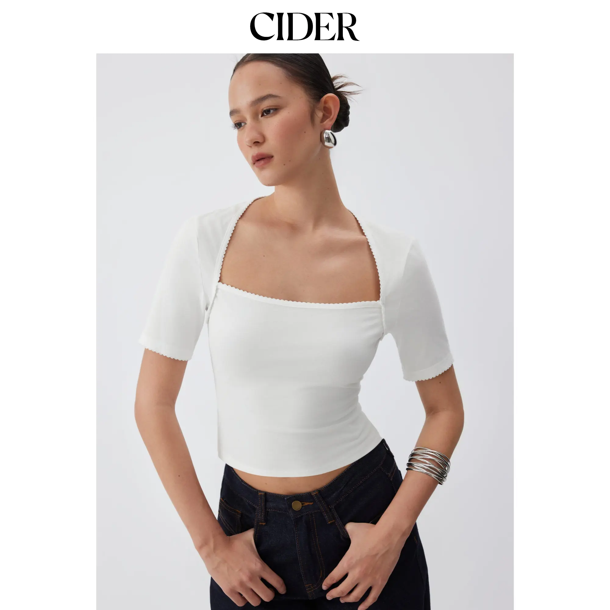 Cider Women's Plain Minimalist Cotton-Blend Square Neck Scallop Trim Short Sleeve Basic Casual Top