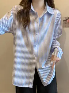 Summer Korean Style Simple Striped Loose Shirt Women, Casual Woven Fabric, All Seasons, Moderate Thickness, Loose Fit