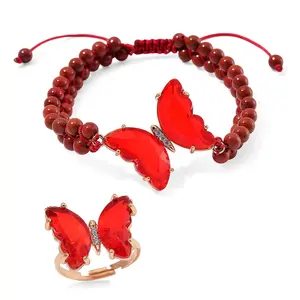 Red Glass, Cubic Zirconia and Red Jasper 49.05 ctw Beaded Butterfly Adjustable Bracelet and Ring Size 6-9 in Goldtone Red Glass, Cubic Zirconia and Red Jasper 49.05 ctw Beaded Butterfly Adjustable Bracelet and Ring Size 6-9 in Goldtone