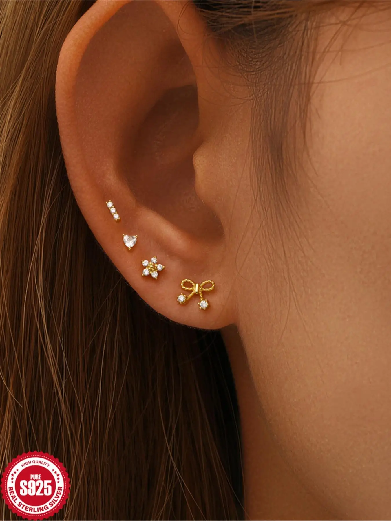 S925 Sterling Silver Stud Earring Set, Elegant Bowknot & Heart & Flower Design Earrings for Women & Girls, All-match Fashion Accessories for Party Use