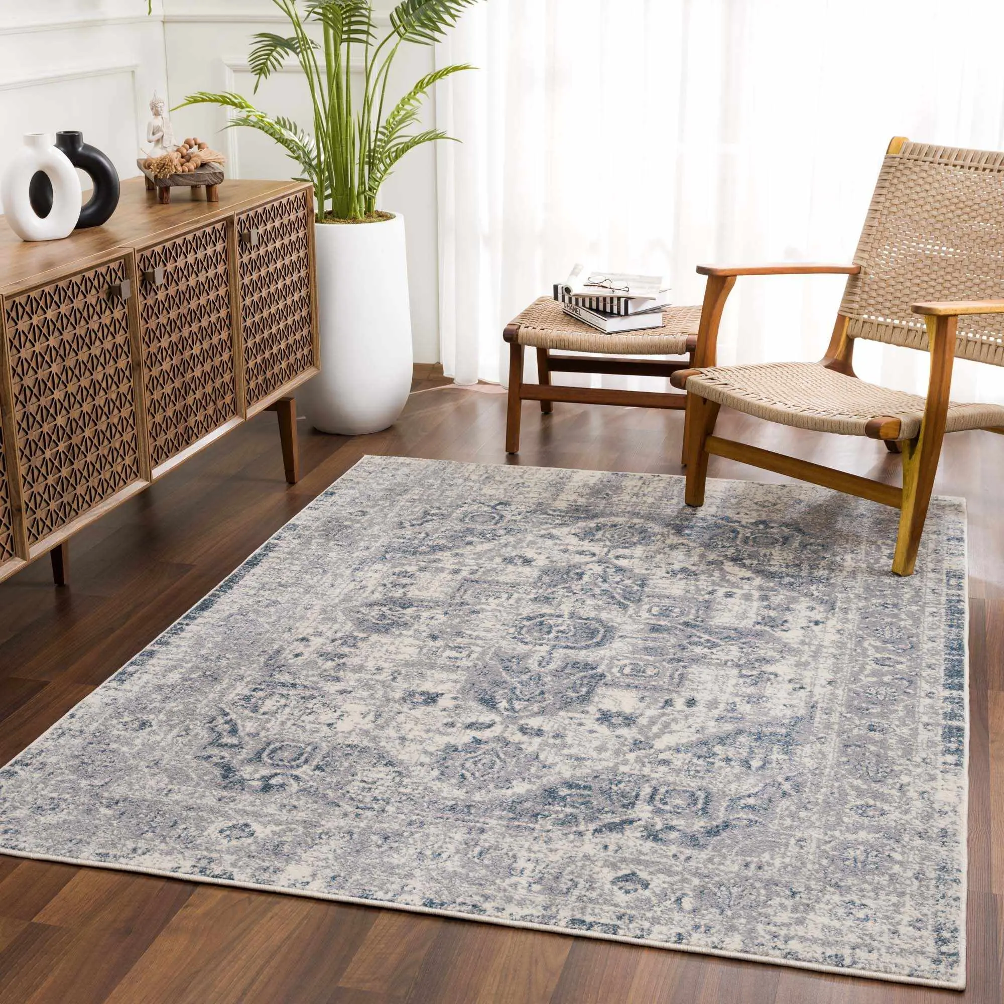 Peeta Gray-Blue Medallion Rectangle Area Rug, Home Decor Rugs for Living Room, Bedroom, Geometric