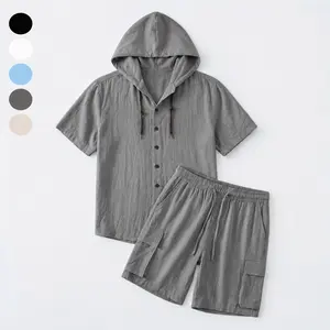 Men’s cool linen casual cargo shorts set with hoodie and short sleeves, holiday style, elastic waistband design, fashionable relaxed vibe, suitable for sports, travel, and vacations, a great gift for boyfriend or husband.
