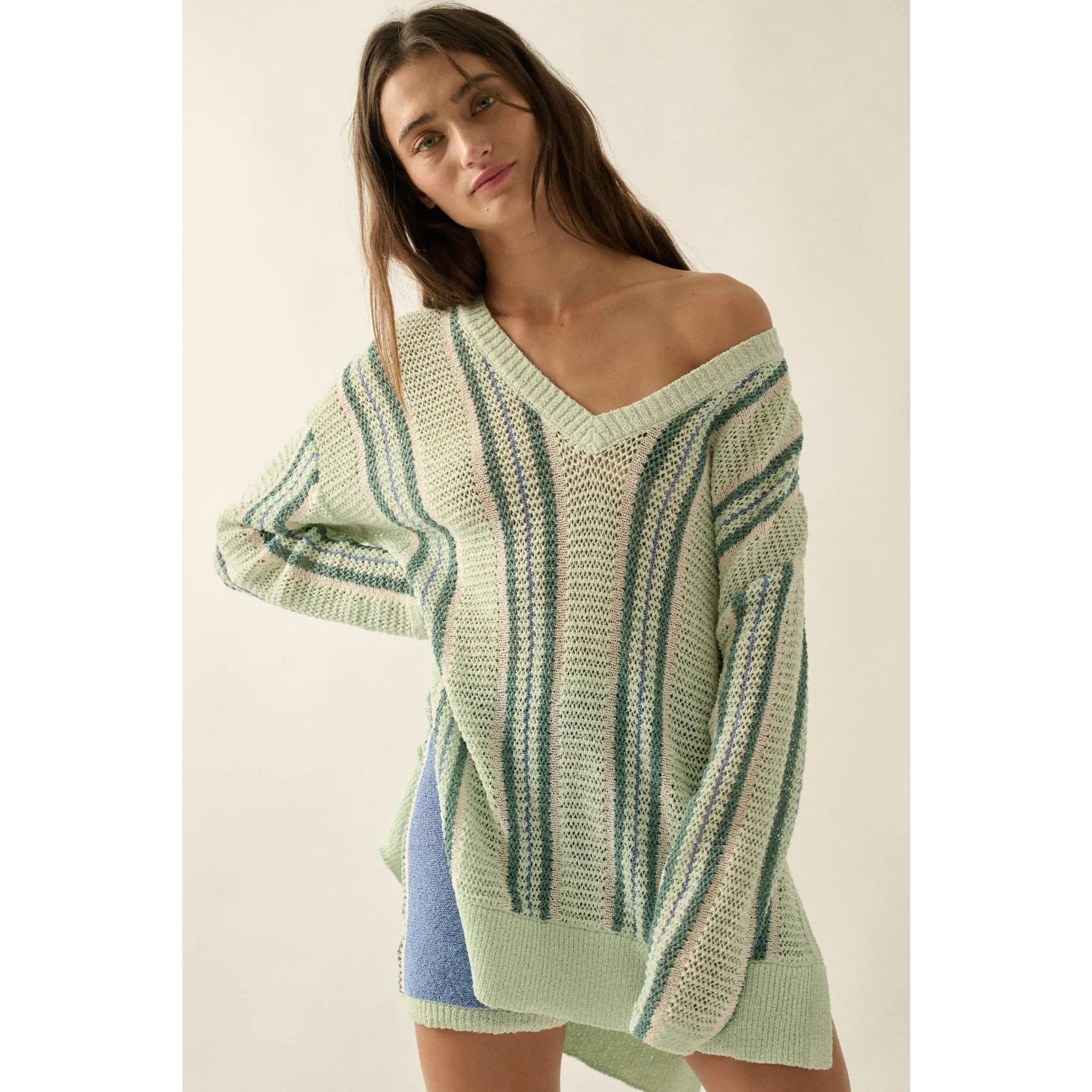 Low Tide Striped Crochet-Knit Oversize Sweater