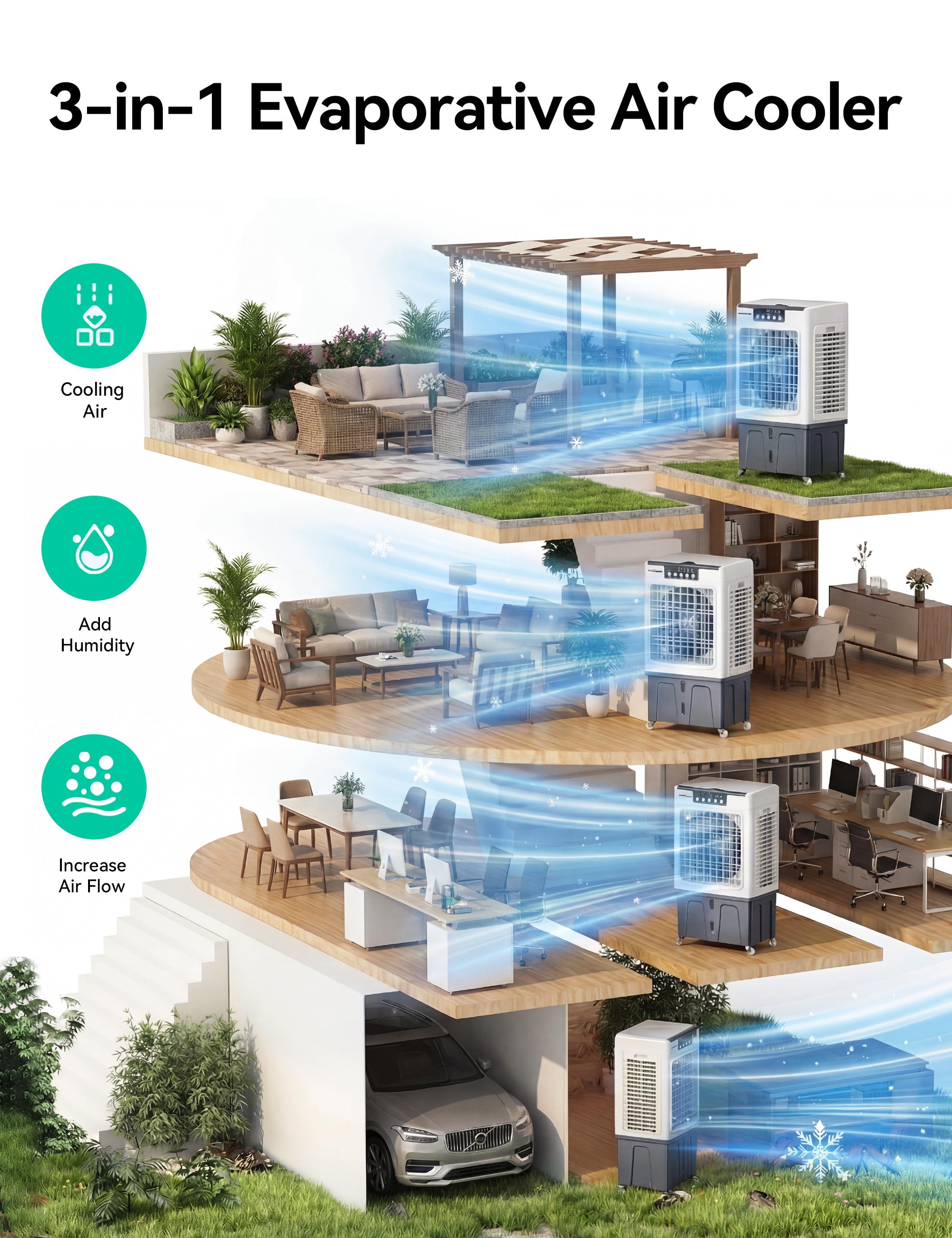 VAGKRI cooling-type household air conditioner, 12 Gal Tank, 3000 CFM, 3 modes, 3 fan speeds, 120° oscillation, 24-hour timer, fee remote control, household fan, floor fan, suitable for indoor and outdoor use.