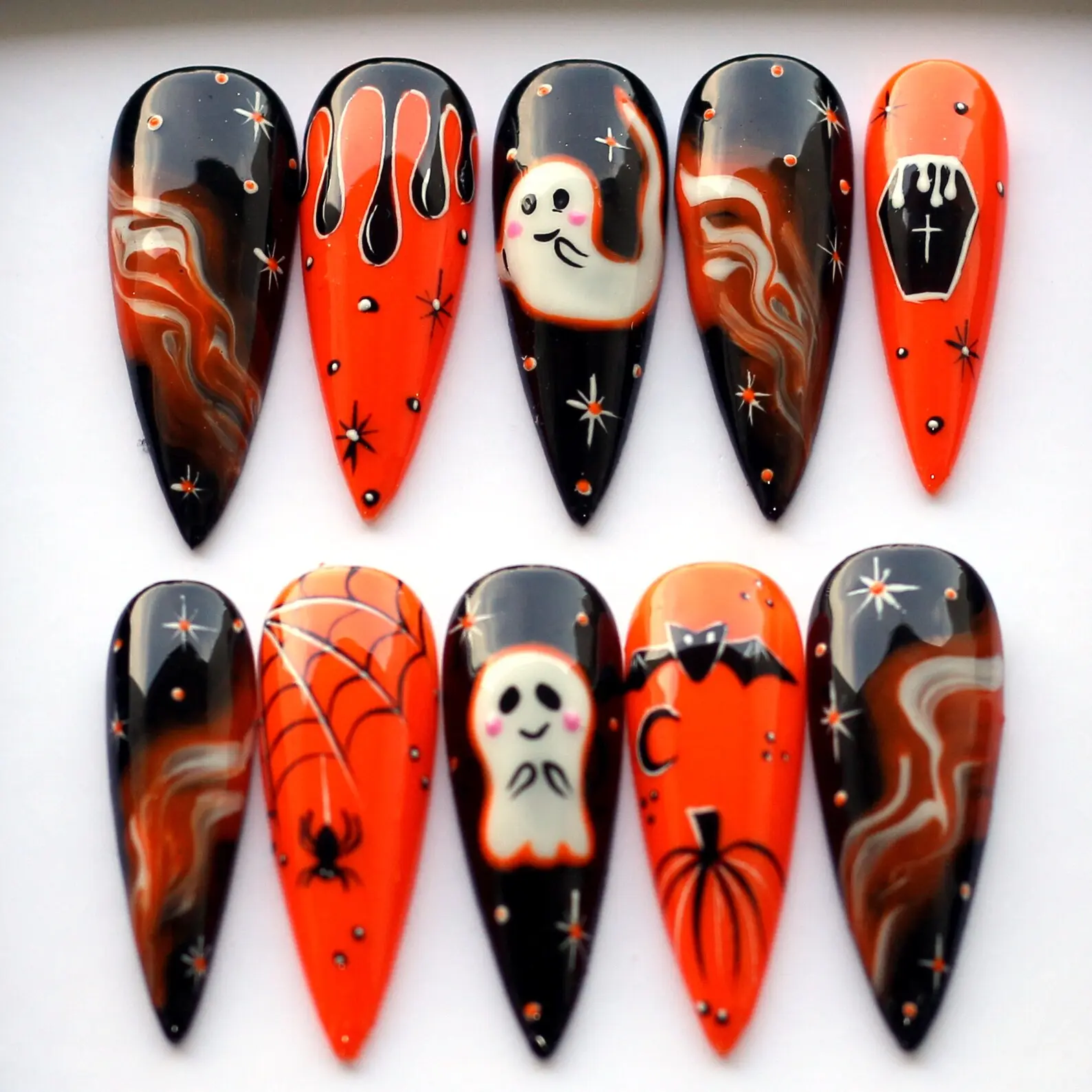 Hand-Painted Gothic Press-On Nails, Orange Bleeding Stiletto Design for Halloween Nail Art