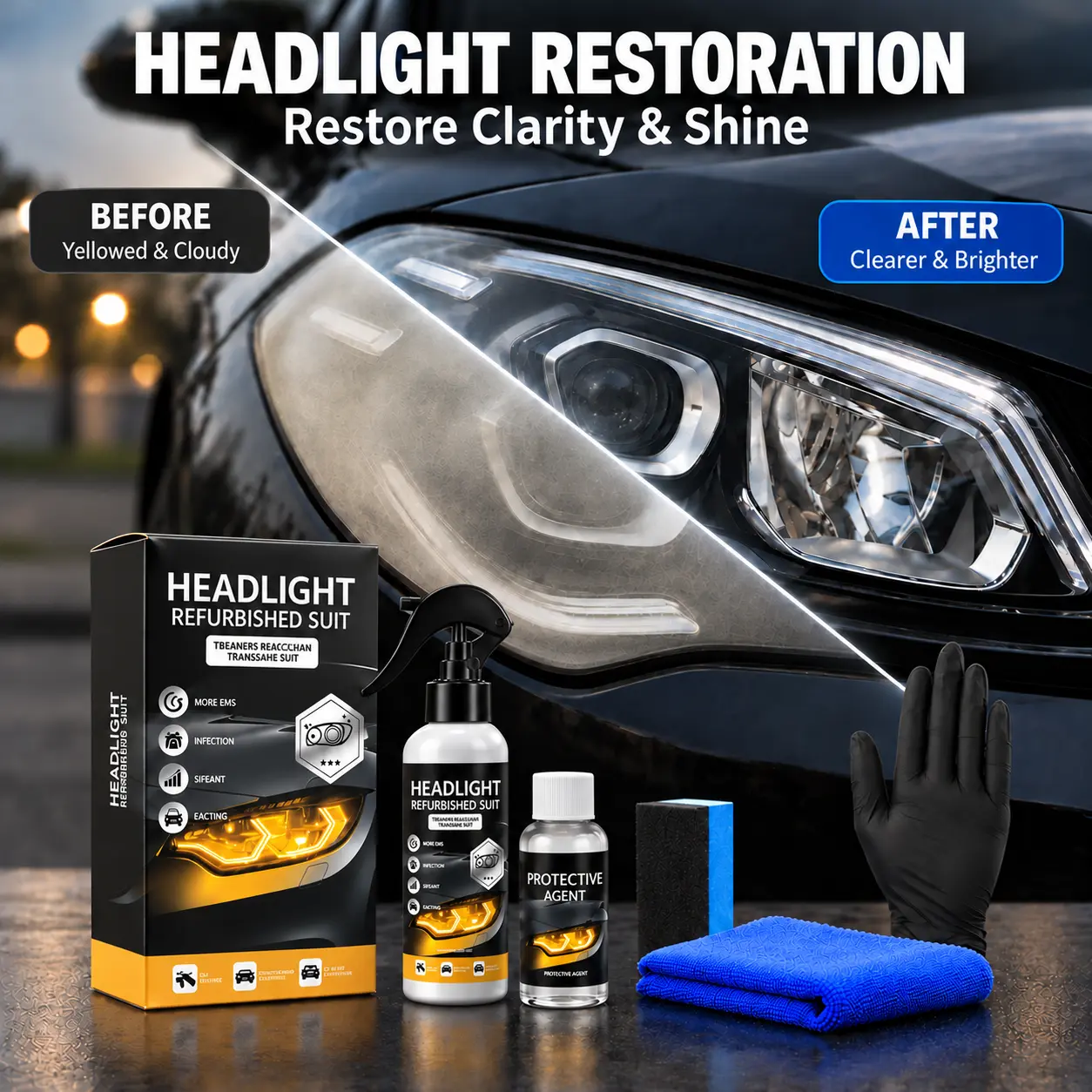 Automotive Headlamp Restoration Liquid - Car Detailing Tool with Crystal Coating Agent, Restores Oxidized & Yellowed Lamps, Fixes Haze & Blur, Improves Crystalline Coating & Headlamp Appearance, Car Surface Cleaner renovation daily care scratch  remover
