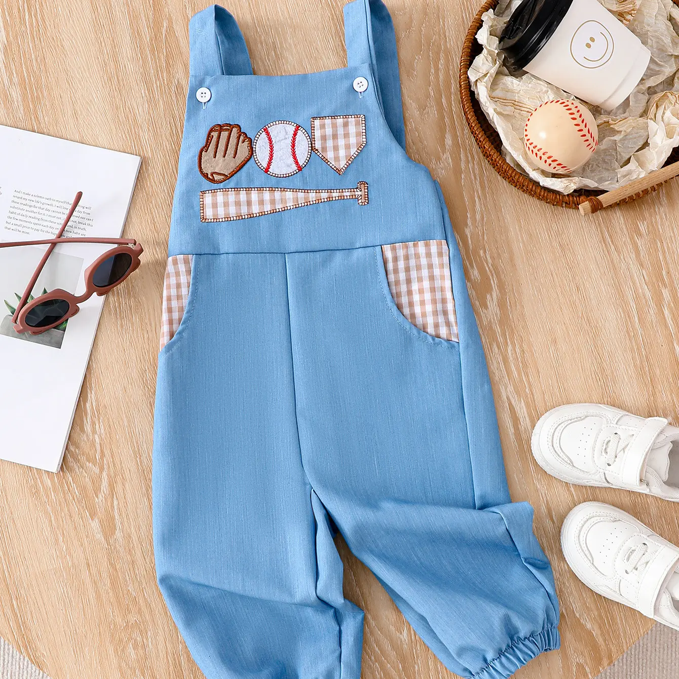 Back to School Baby Boy Baseball Embroidered Overalls, 6M-4Y Toddler Blue Suspender Pants with Pockets C505