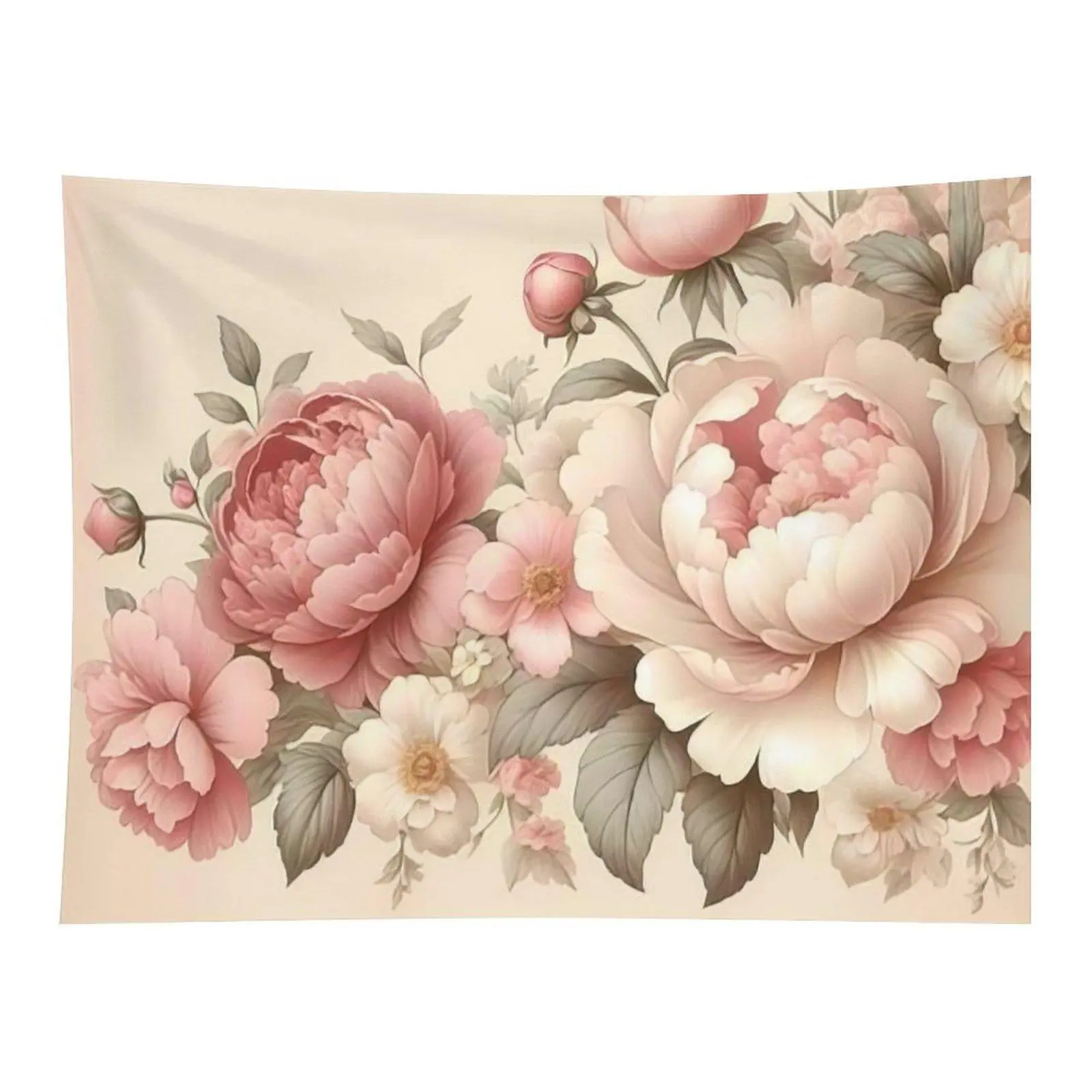 Vintage Soft Pink Peony Floral Wall Tapestry Delicate Blush Peonies Flower Bouquet Elegant Botanical Wall Art for Bedroom Living Room