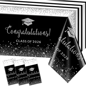 3 Pack Class of 2026 Graduation Tablecloths,Foil Dot Plastic Disposable Rectangle Table Covers for 2026 High School University College Graduation Party Decorations,108*54 Inch (Black and Silver)