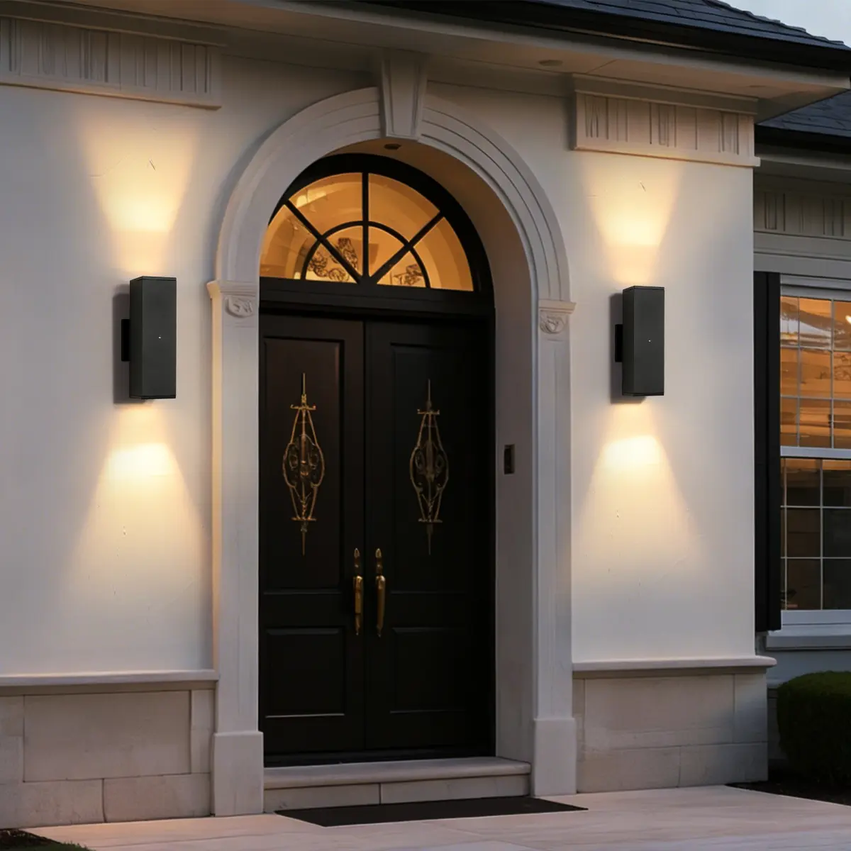 2-Pack Modern Black Aluminum LED Outdoor Up-Down Wall Sconces, 4.9x4.9x11.8 in, IP65 Waterproof Outdoor Lights, Dusk-to-Dawn Sensor, Double Bulbs, Modern Decorative Lamps for Porch, Patio Lighting