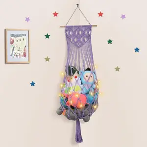 Animal Net, 63’’ Animal Hammock Corner Wall Ceiling Over Door Toy Hammock Organizer, Purple Boho Plushie Toy Net w/ LED Lights for Baby Boys Girls Gift