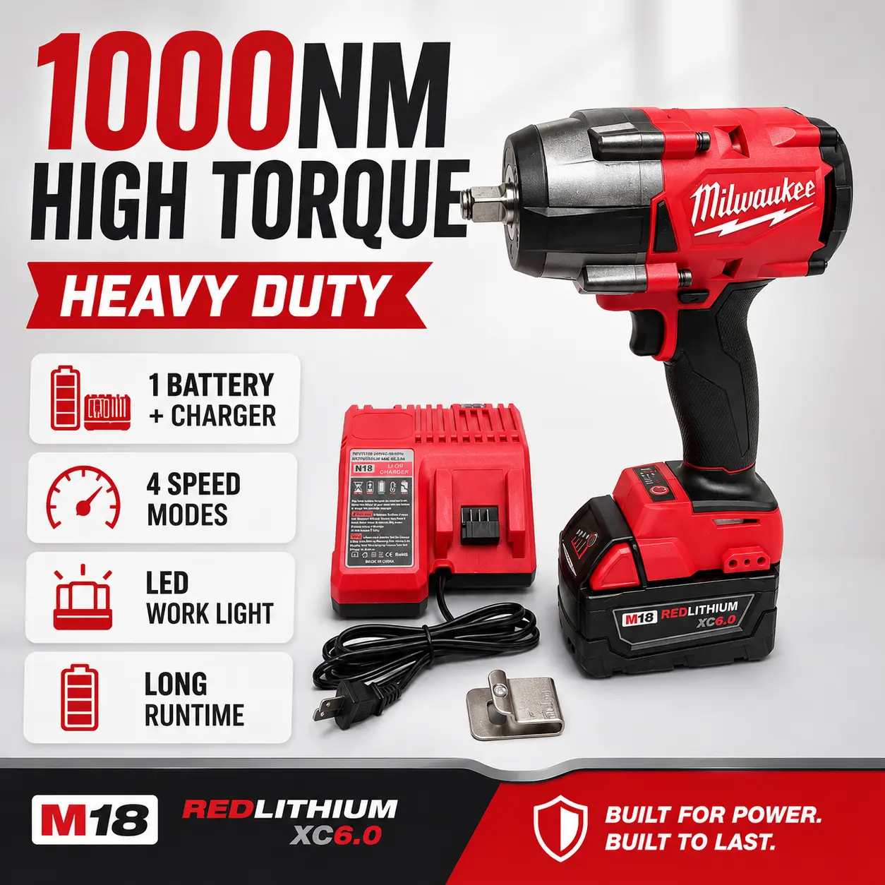 Milwaukee M18 Impact Wrench, 1000 Nm High Torque， Heavy-Duty Hand Tool for Decoration, Auto Repair