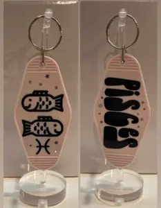 PISCES Zodiac Stars Retro Motel Lilac Black Keychain