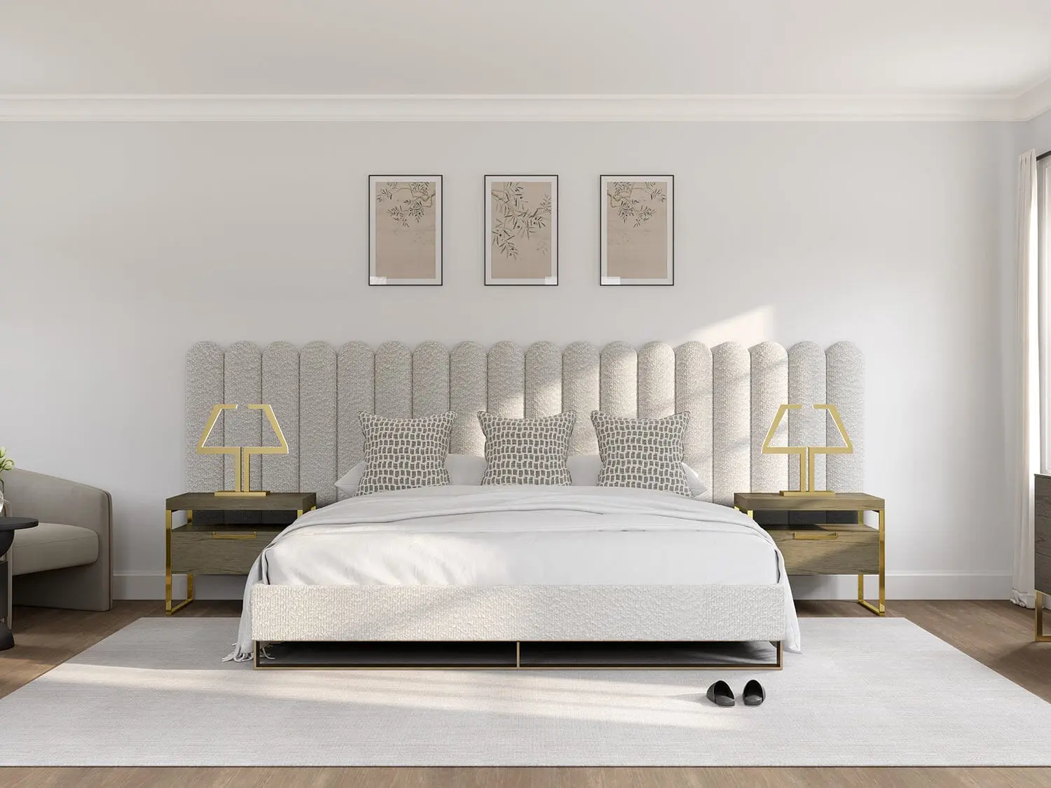 Scalloped Wood King Upholstered Headboard Panels, Bondi Layout Simple-Mount Wall-Mount with Foam Batting, 18 Panels, 140.4"w x 46"h