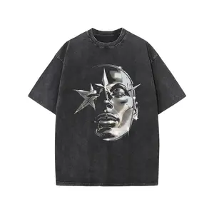 Vintage Washed Black Metallic Chrome Face & Star Graphic T-Shirt, Retro Y2K Streetwear Oversized Cotton Crew Neck Unisex Tee, Multi-Color Options