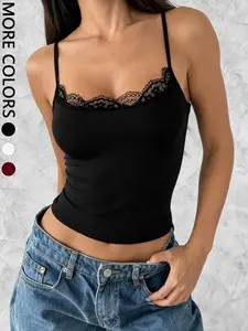 Women's Summer Everyday Solid Color Lace Trim Splice Round Neck Fitted Camisole Top Basic