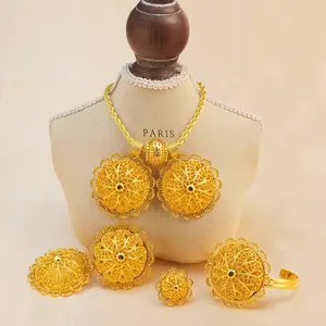 Middle East Dubai Ethiopia Big Flower 4-piece Jewelry Set, Fashionable Women's Double Pendant Necklace Bracelet Ring Earrings
