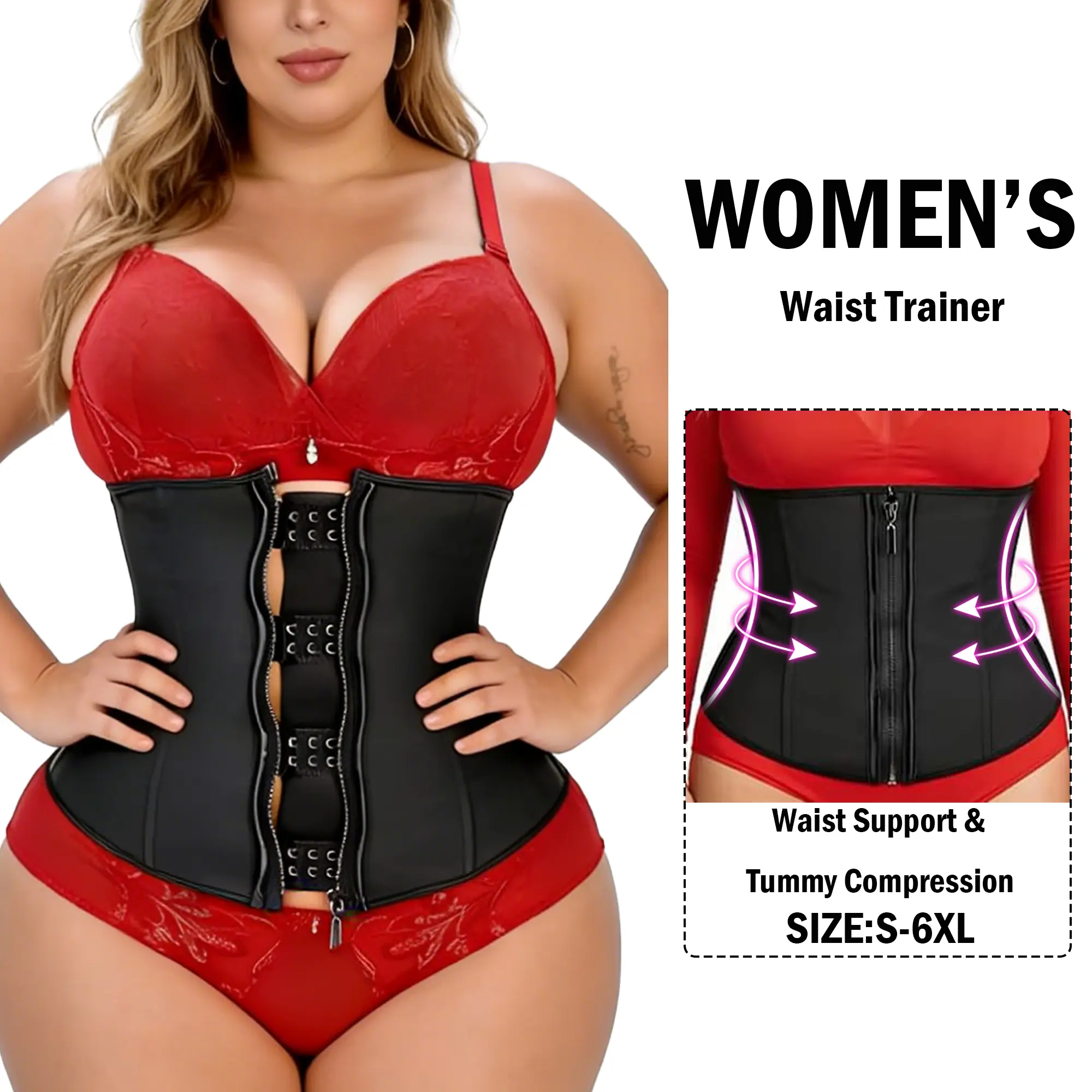 Women's Solid Latex Corset with Front Fastening, High Compression Body Cincher for Figure Training and Workouts, Lady, Underbust, Firm Tummy Control