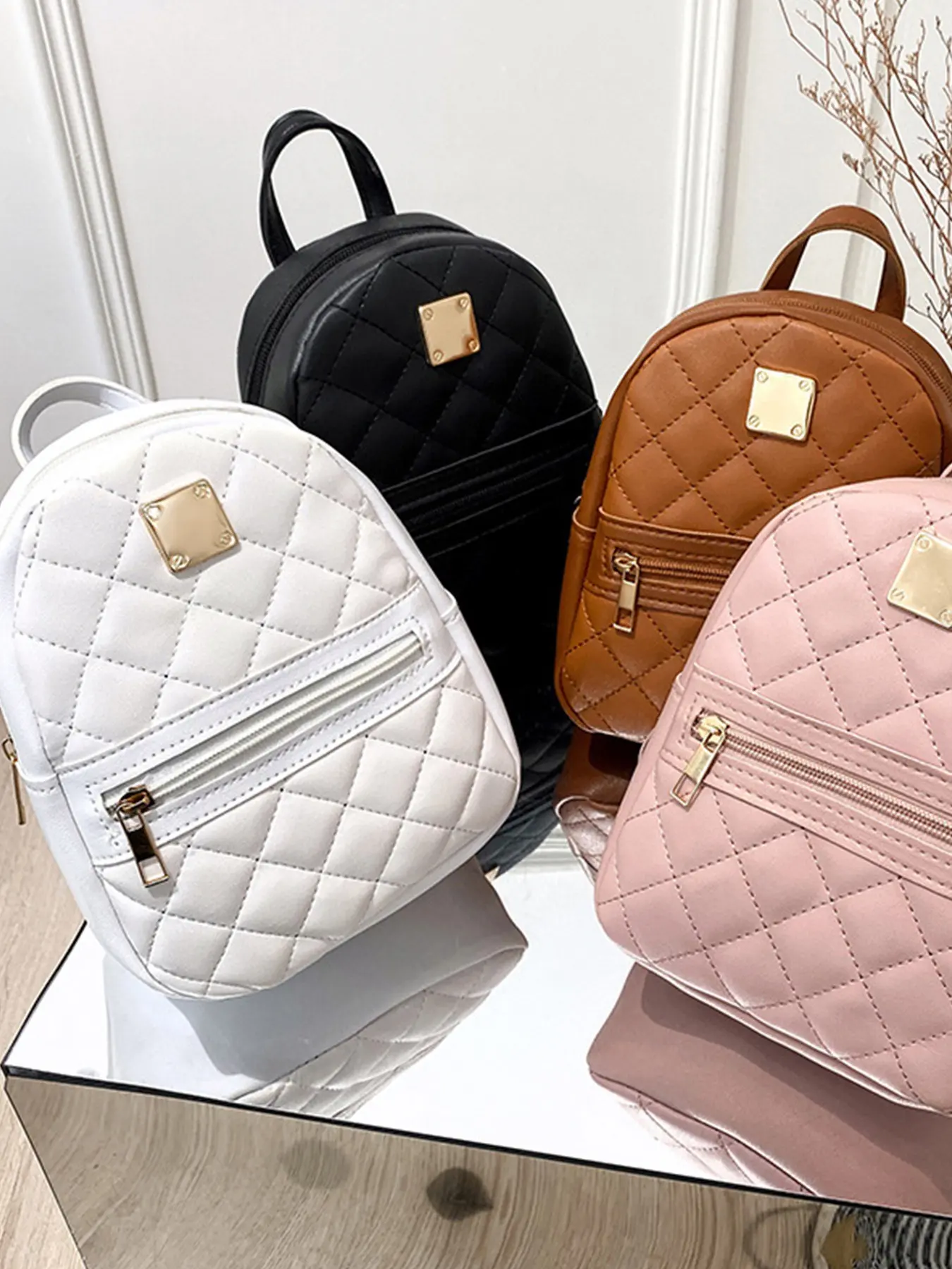 Tartan Embossed Mini Women Bag Backpack, Metal Plaque Dual Zip Design, Multi-Layer Large Capacity Storage Bag, Fashionable Shoulder Bag, Stylish Quilted Casual Daypack, Trendy Backpack