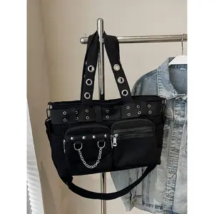 Women's Punk Style Studded Decorated Handbag, Fashionable Multi-pocket Crossbody Bag for Daily Used, Casual Trendy Versatile High-quality Daily Commuting Bag
