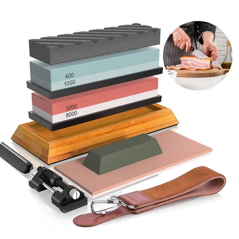 Knife Sharpening Stone Set, Whetstone，Knife Sharpener Stone Set 4 Side Grit 400/1000 3000/8000, Professional Include Non-Slip Bamboo Base, Leather Str