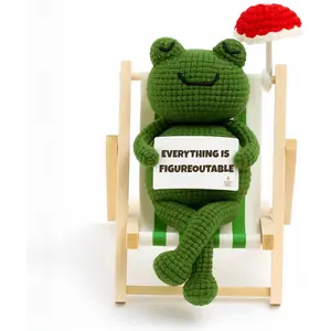 Inspirational Frog Desk Decor - Everything is Figureoutable Emotional Support Frog, Funny Coworker Gift for Women Men, Crochet Frog Plush with Mini Chair & Umbrella, Office Relaxation Gift