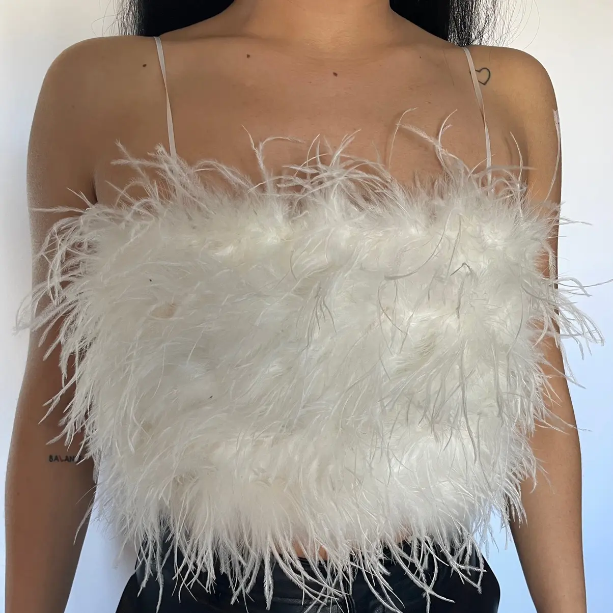 Nube Top White - Elegant Women's Feathered Spaghetti Strap Top in Fine Feathers for Stylish Wear - Womenswear
