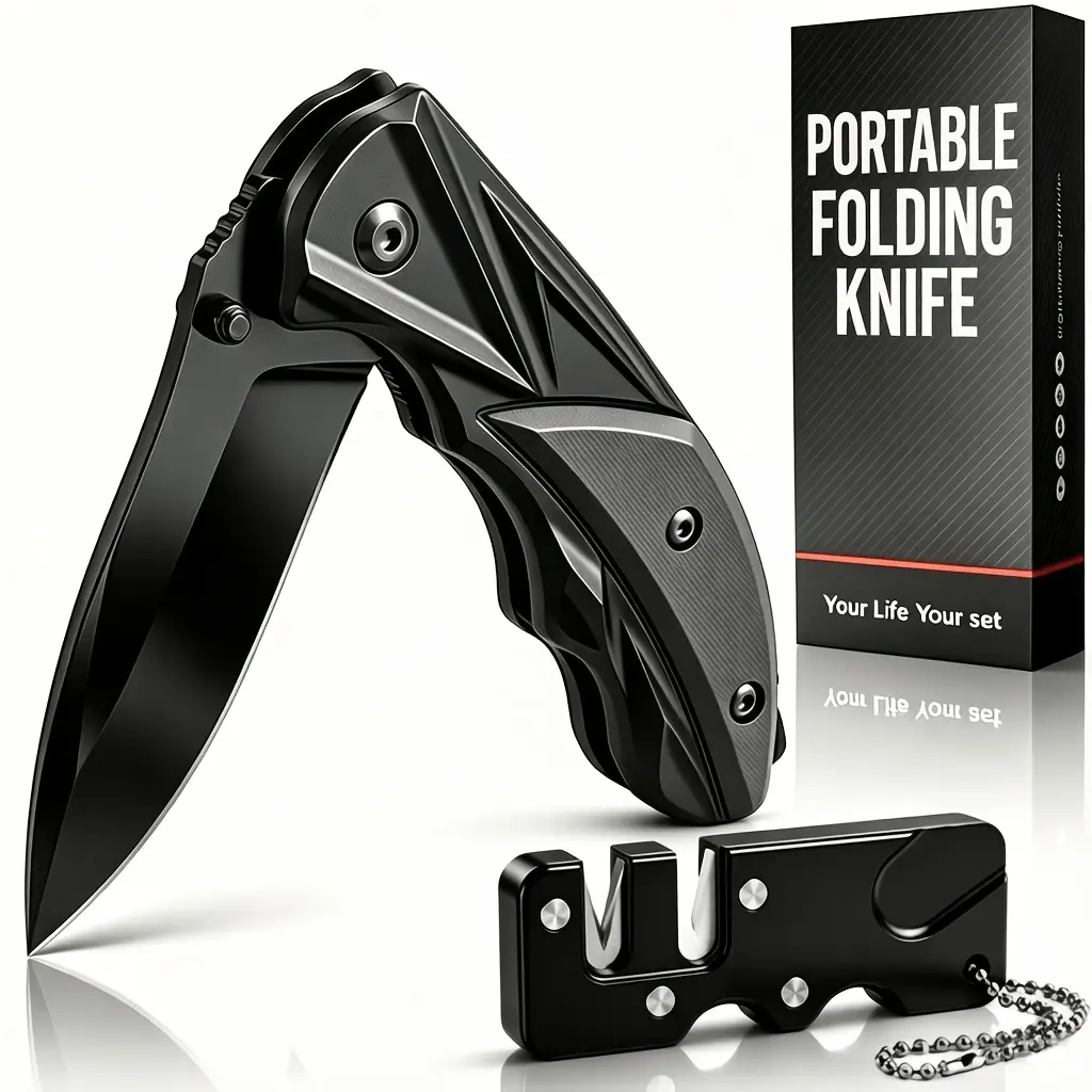 Compact Edc Pocket Folding Utility Knife Retractable Box Cutter Textured Grip Belt Back Clip Sturdy Blade With Free Sharpener Lightweight Portable Cool Gadgets For Daily Carry Camping Office Home Outdoor Use
