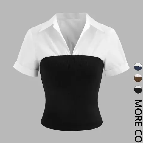 Women's Colorblock Short Sleeve Business Casual Blouse, Casual Top for Summer, Ladies Clothes for Daily Wear, Everyday Shirts, Basic Casual Shirts, Blouses Shirts Tops