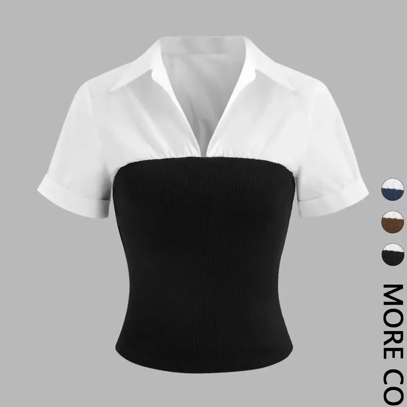 Women's Colorblock Short Sleeve Business Casual Blouse, Casual Top for Summer, Ladies Clothes for Daily Wear, Everyday Shirts, Basic Casual Shirts, Blouses Shirts Tops