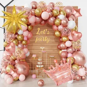 154Pcs Rose Gold Balloons Arch Garland Kit, Bachelorette Pink and Gold Confetti Balloons with Star Heart for Women Girls Birthday Wedding Bridal Shower Mother's Day Party Decorations
