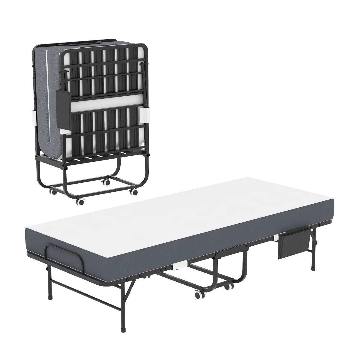 75 Inch Folding Bed with 5" Memory Foam Mattress, Space Saving Rollaway Guest Bed, Heavy-Duty Metal Frame on Wheels, Portable Twin Bed for Adults & Guests