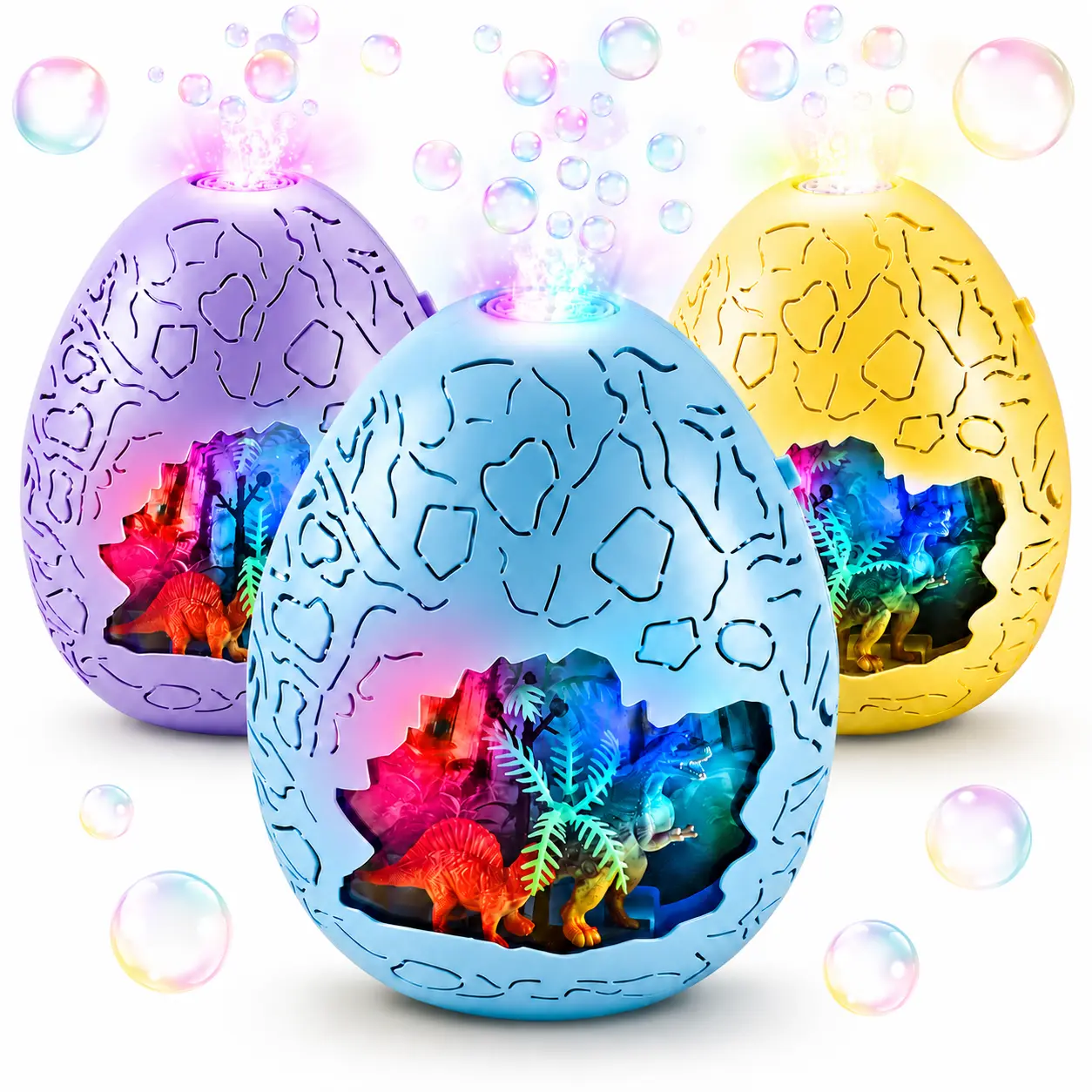 Dinosaur Egg Bubble Machine Toy for Kids, Automatic Bubble Maker Toy with Music, Color Lights, Dinosaur Scene Design & Bubble Solution, Outdoor Summer Gift