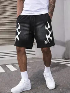 Black Washed Flame Print Drawstring Sweat Shorts - 2026 Trending Streetwear, Soft Cotton for Festival & Street