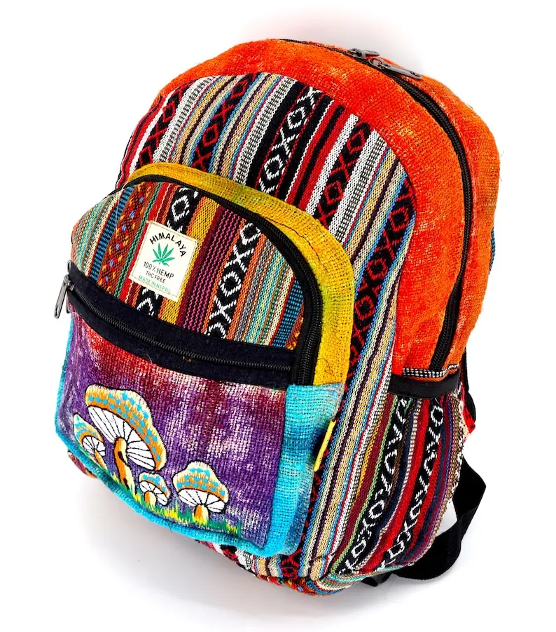 Himalayan Hemp Mini Backpack Mushroom Embroidered Tie Dye Boho Bag