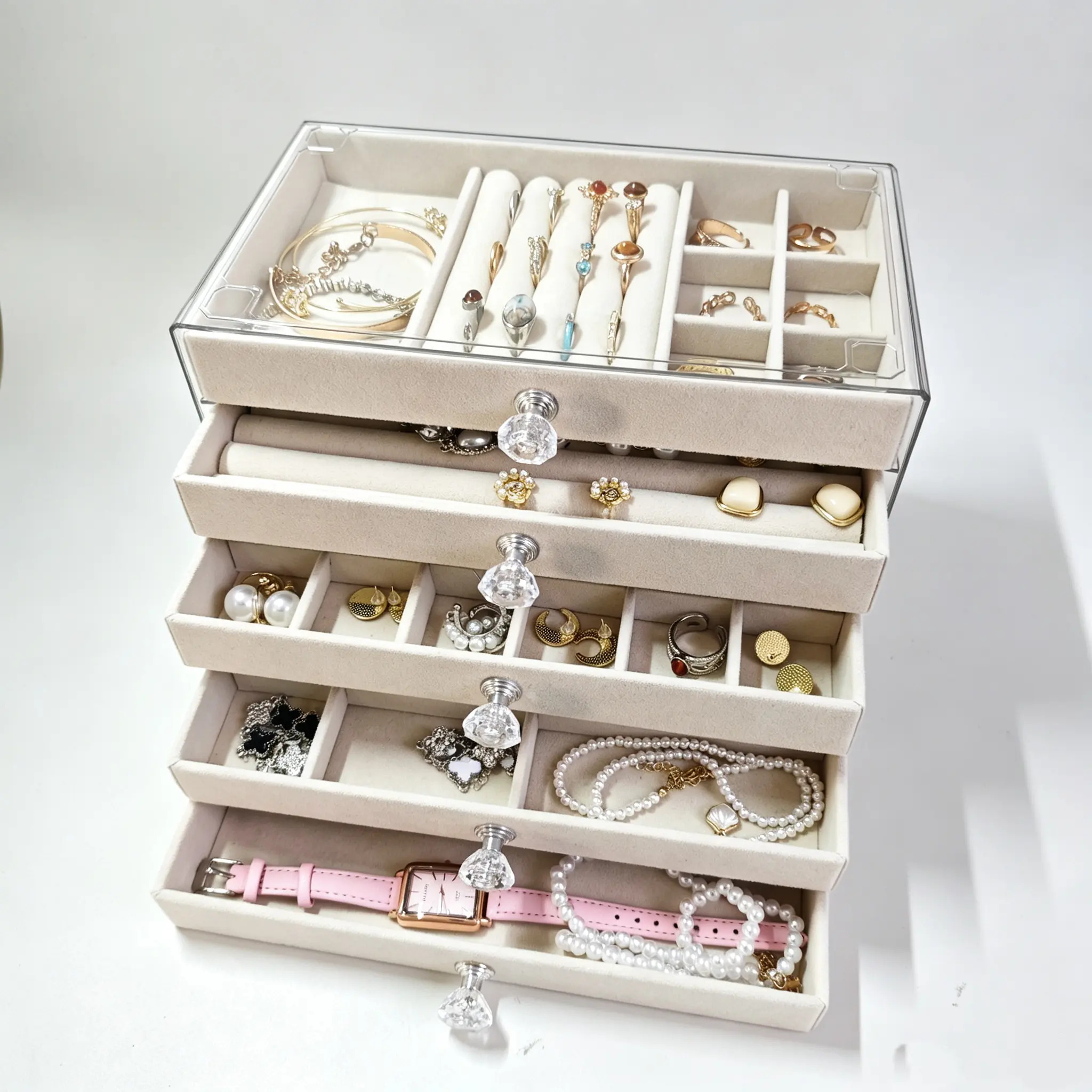 5-Layer Transparent Acrylic Jewelry Box with Multiple Drawers - Velvet-Lined Accessories Organizer Storage Boxes with Separate Compartments for Earrings, Necklaces, Rings, Bracelets for Bedroom Trinket Makeup Storage, Accessories Box