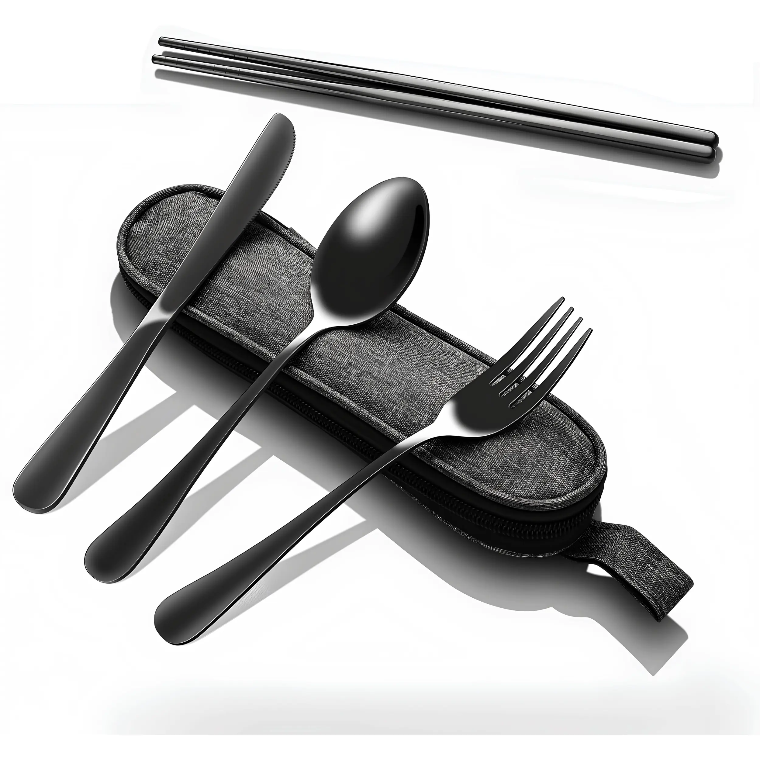 5 Piece Stainless Steel Travel Utensil Set with Waterproof Case Reusable Portable Flatware Includes Knife, Fork, Spoon & Chopsticks, Cutlery Set for Camping, Office Lunch, School, Picnic, Travel & Daily Use, Black
