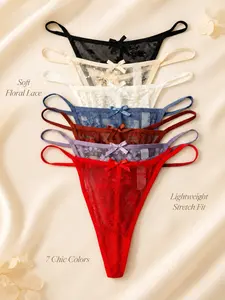 7-Piece Set Lace Trim Low-Waist Thong Underwear for Women, Breathable Daily & Date Night Wear, Sexy Plain Design, All Seasons