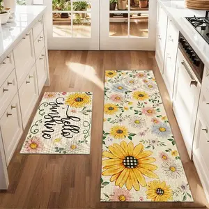 2Pcs Sunflowers, daisies, flowers Floor mat set including farmhouse kitchen Rug dining room flooring laundry room decorative carpet mat