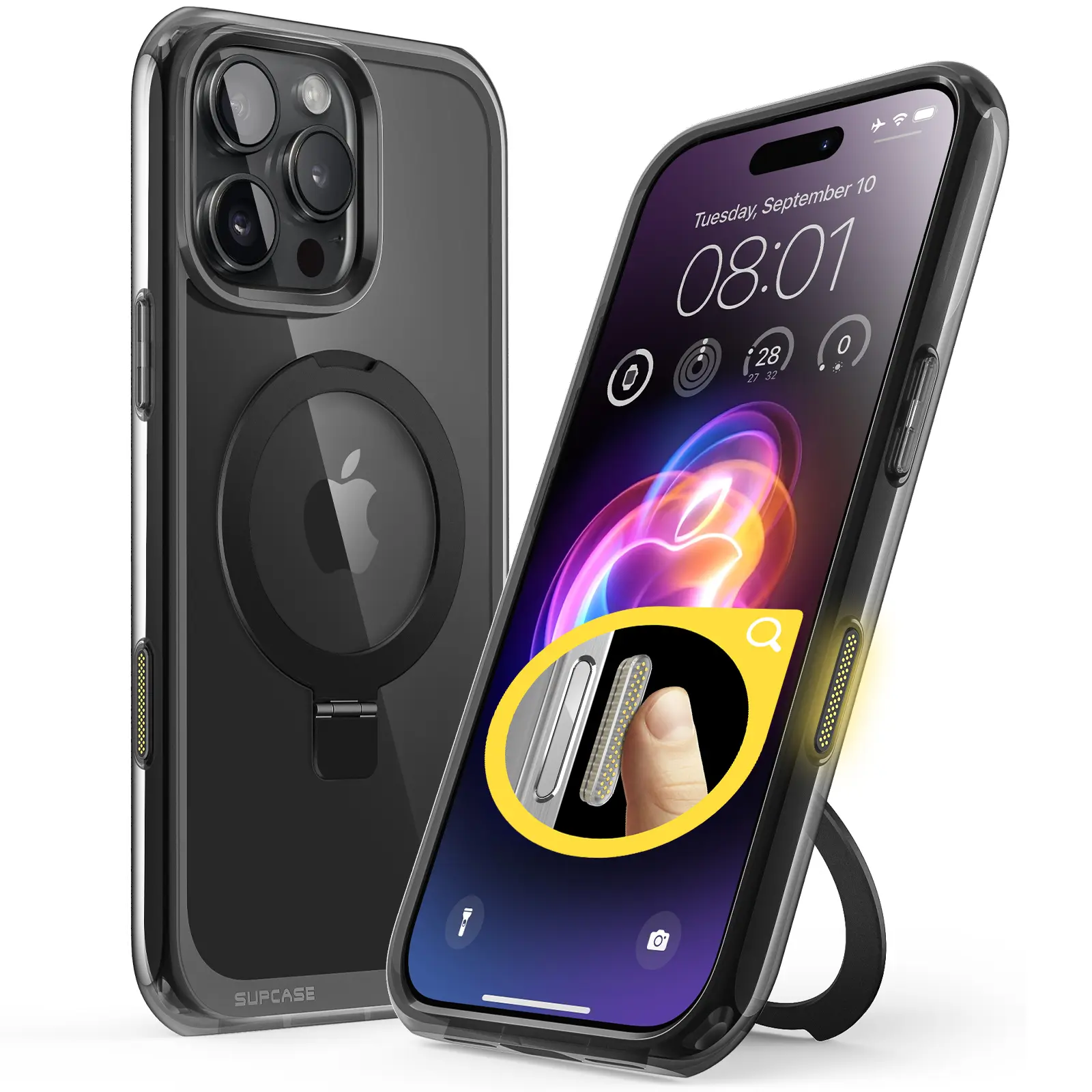 FrostBlack-with iPhone's button functions & stand