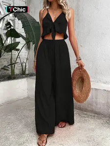 Women's Fashionable Deep V Wide Leg Pants Set, Pure Color Crop Top & High Waist Bottoms, All-Season Versatile Fit Womenswear Clothes