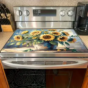 1pc 2D Flat Stove Cover Protector Featuring Spring Sunflowers in a Blue Vase on a Wooden Table, Set Against a Naturally Lit Background. Easy to Clean, Suitable for Kitchen, Washing Machine, Dryer, And Stovetop Panel Protection
