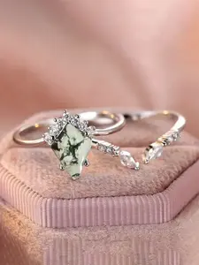 2 Pcs/Set Pretty Cubic Zirconia Ring For Women Bohemian Stackable Rings For Valentine's Day Gift Wedding Anniversary Party Jewelry