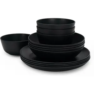 Fiber Melamine Dinnerware Sets, Black Kitchen Plates and Bowls Sets, Unbreakable Dishes Set for 4,  Lightweight 12 count Dinnerware Sets for Parties & Camping