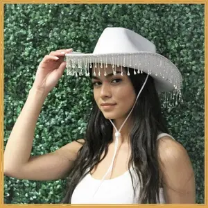 Rhinestone Fringe Western Cowboy Hat Tiara Cowgirl Hat Western Style Girl Wide Brim Felt Cowgirl Cap Costume Cosplay Party Hats Masks Fur White