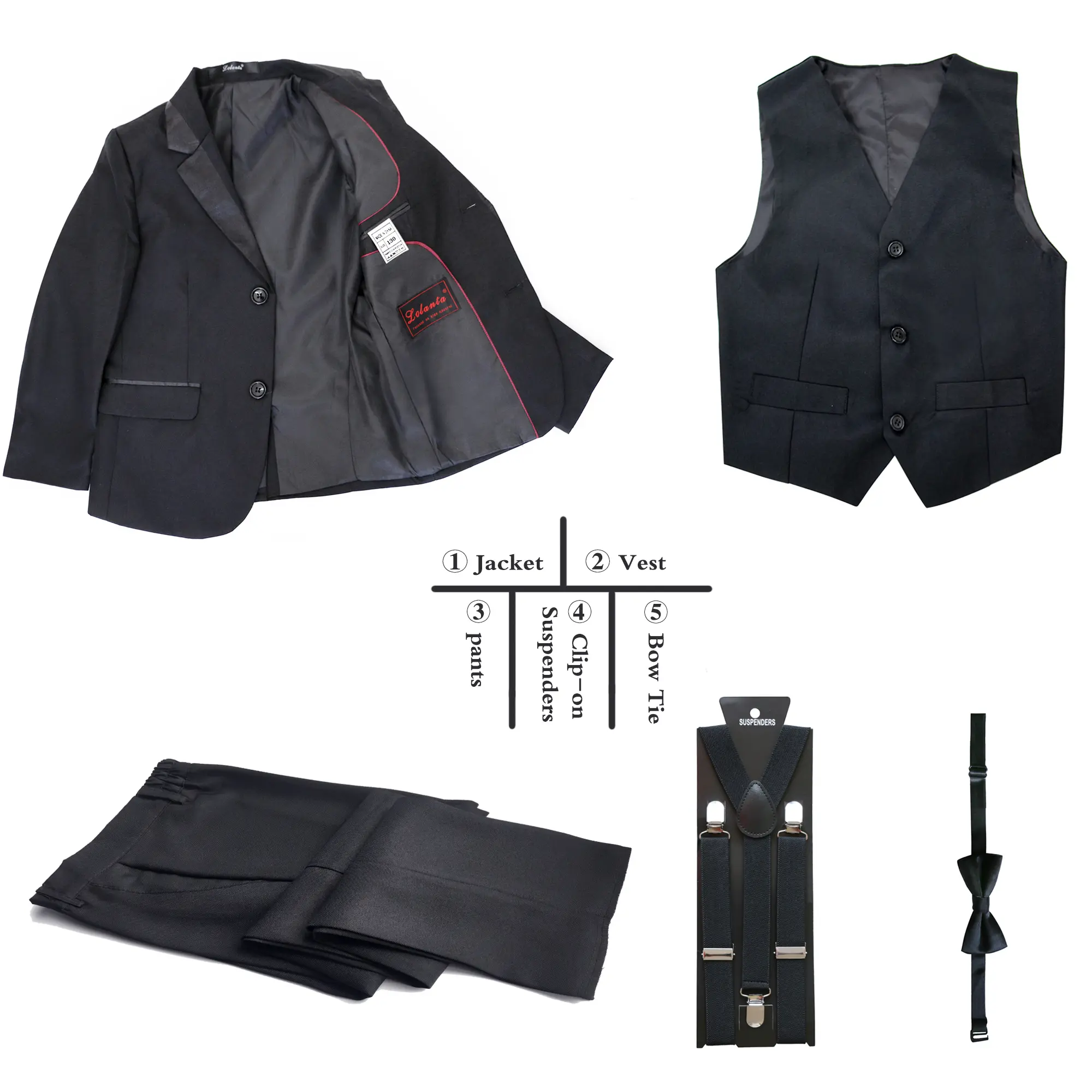 Boys' 5-Piece Polyester Tuxedo Set - Formal Toddler Suit with Straight Pants, 3-Button, Full Lined, Adjustable Fit, Ring Bearer Outfit for Ages 3-14